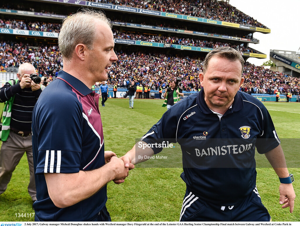2 July 2017; Galway manager Micheál Donoghue shakes hands with Wexford manager Davy Fitzgerald at the end of the Leinster GAA Hurling Senior Championship Final match between Galway and Wexford at Croke Park in Dublin. Photo by David Maher/Sportsfile