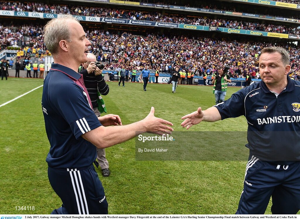 2 July 2017; Galway manager Micheál Donoghue shakes hands with Wexford manager Davy Fitzgerald at the end of the Leinster GAA Hurling Senior Championship Final match between Galway and Wexford at Croke Park in Dublin. Photo by David Maher/Sportsfile