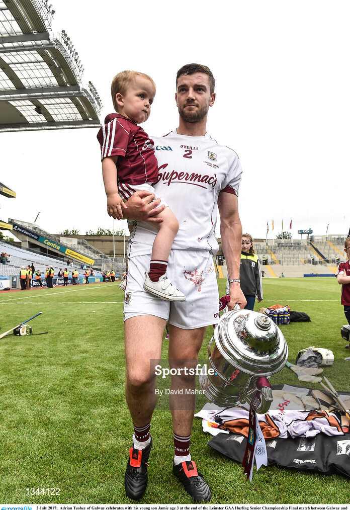 2 July 2017;  Adrian Tuohey of Galway celebrates with his young son Jamie age 3 at the end of the Leinster GAA Hurling Senior Championship Final match between Galway and Wexford at Croke Park in Dublin. Photo by David Maher/Sportsfile
