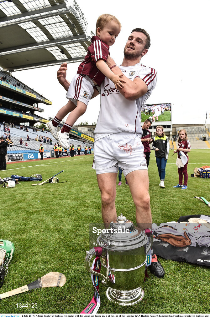 2 July 2017;  Adrian Tuohey of Galway celebrates with his young son Jamie age 3 at the end of the Leinster GAA Hurling Senior Championship Final match between Galway and Wexford at Croke Park in Dublin. Photo by David Maher/Sportsfile
