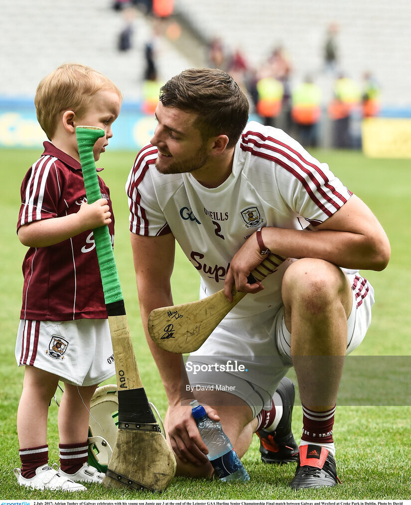 2 July 2017; Adrian Tuohey of Galway celebrates with his young son Jamie age 3 at the end of the Leinster GAA Hurling Senior Championship Final match between Galway and Wexford at Croke Park in Dublin. Photo by David Maher/Sportsfile