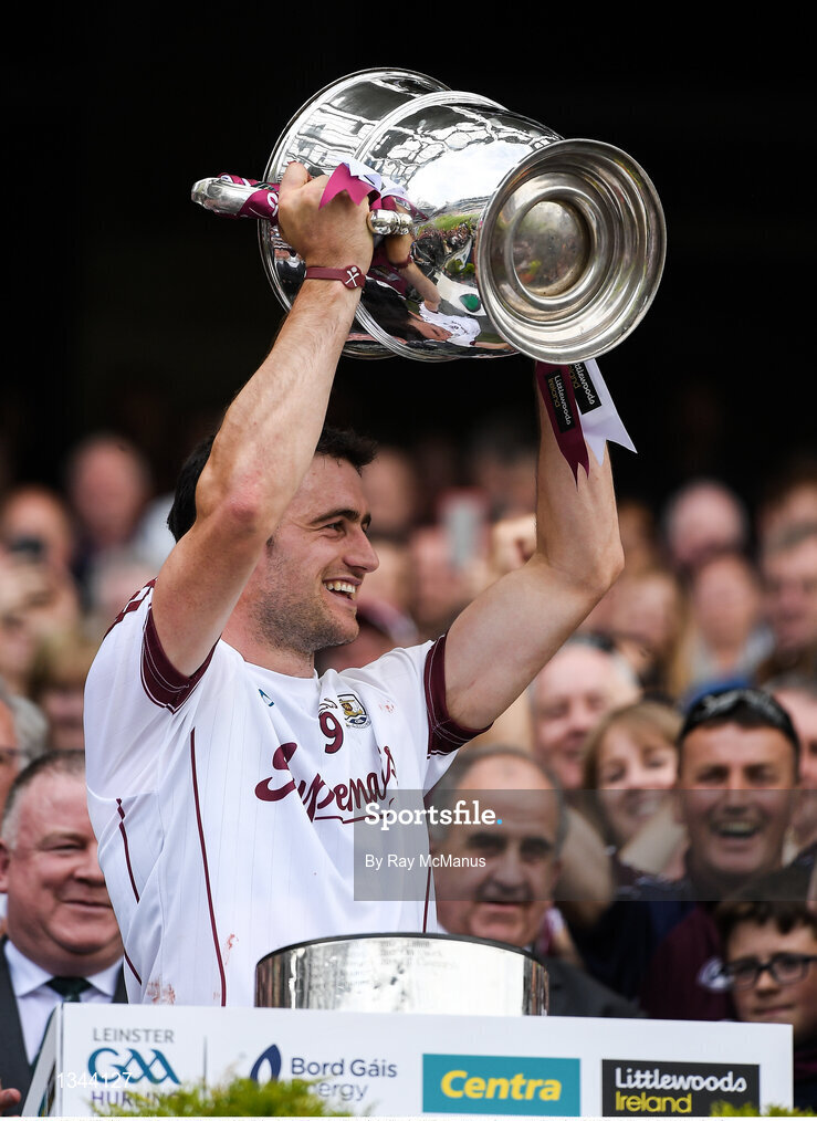 2 July 2017; The Galway captain David Burke lifts the Bob O'Keeffe Cup after the Leinster GAA Hurling Senior Championship Final match between Galway and Wexford at Croke Park in Dublin. Photo by Ray McManus/Sportsfile