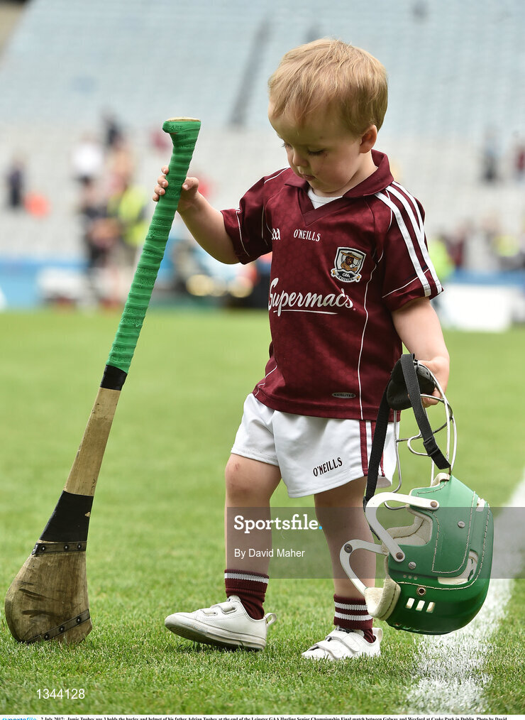 2 July 2017;  Jamie Tuohey age 3 holds the hurley and helmet of his father Adrian Tuohey at the end of the Leinster GAA Hurling Senior Championship Final match between Galway and Wexford at Croke Park in Dublin. Photo by David Maher/Sportsfile