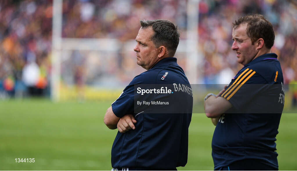 2 July 2017; Wexford manager Davy Fitzgerald and Saoirse Bulfin, right, during the last minute of the Leinster GAA Hurling Senior Championship Final match between Galway and Wexford at Croke Park in Dublin. Photo by Ray McManus/Sportsfile