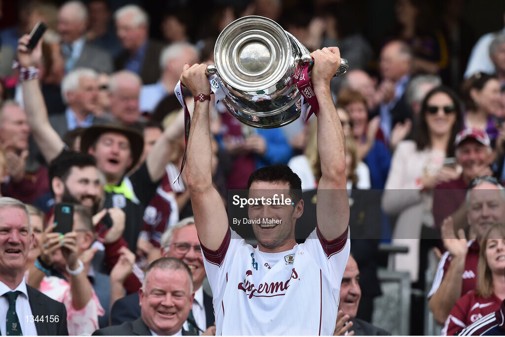 2 July 2017; Captain of Galway David Burke lifts the The Bob O'Keeffe Cup at the end of the Leinster GAA Hurling Senior Championship Final match between Galway and Wexford at Croke Park in Dublin. Photo by David Maher/Sportsfile