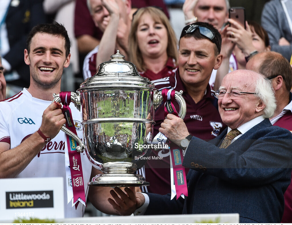 2 July 2017; Captain of Galway David Burke lifts the The Bob O'Keeffe Cup with President Michael D Higgins at the end of the Leinster GAA Hurling Senior Championship Final match between Galway and Wexford at Croke Park in Dublin. Photo by David Maher/Sportsfile