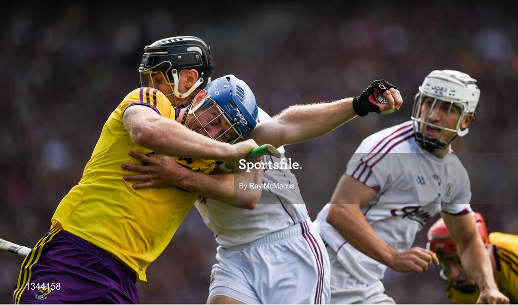 2 July 2017; Jack Guiney of Wexford is tackled by Aidan Harte of Galway during the Leinster GAA Hurling Senior Championship Final match between Galway and Wexford at Croke Park in Dublin. Photo by Ray McManus/Sportsfile
