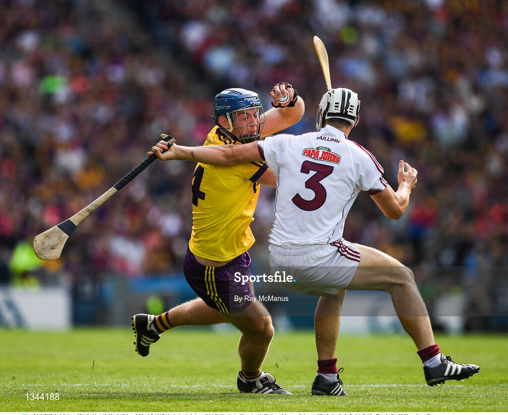 2 July 2017; Jack Guiney of Wexford is tackled by the Galway full back Daithi Burke during the Leinster GAA Hurling Senior Championship Final match between Galway and Wexford at Croke Park in Dublin. Photo by Ray McManus/Sportsfile