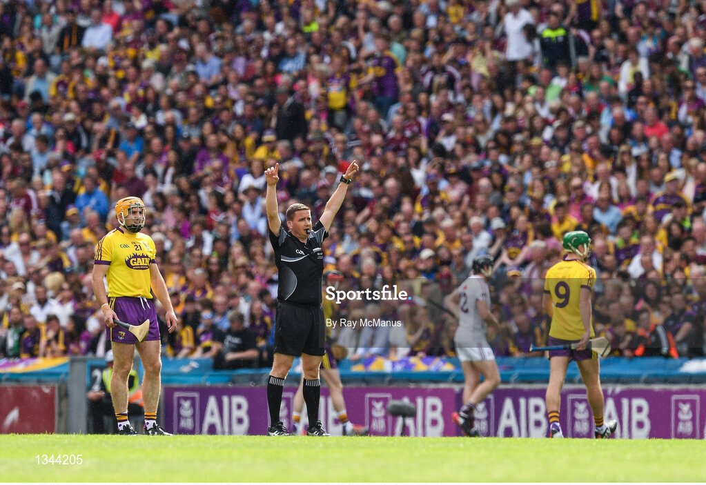 2 July 2017; Referee Colm Lyons calls on 'Hawkeye' decision during the Leinster GAA Hurling Senior Championship Final match between Galway and Wexford at Croke Park in Dublin. Photo by Ray McManus/Sportsfile