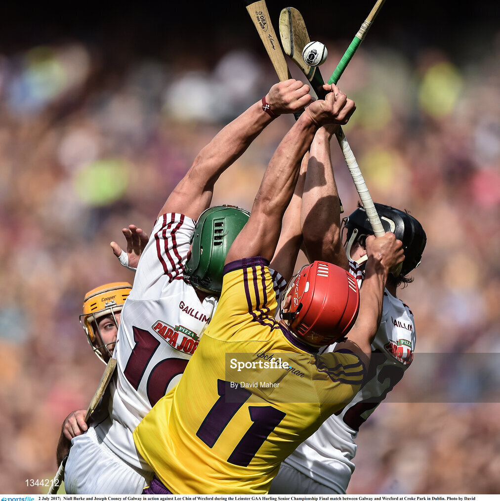2 July 2017;  Niall Burke and Joseph Cooney of Galway in action against Lee Chin of Wexford during the Leinster GAA Hurling Senior Championship Final match between Galway and Wexford at Croke Park in Dublin. Photo by David Maher/Sportsfile