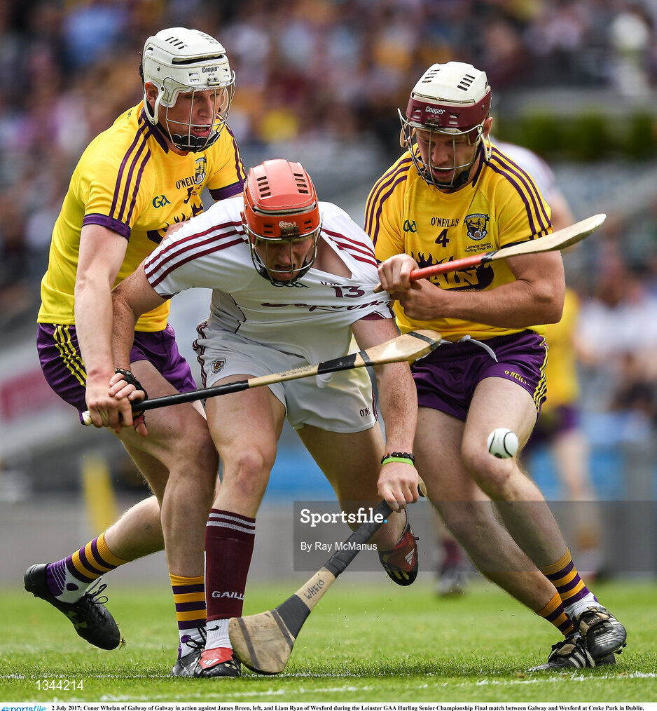 2 July 2017; Conor Whelan of Galway of Galway in action against James Breen, left, and Liam Ryan of Wexford during the Leinster GAA Hurling Senior Championship Final match between Galway and Wexford at Croke Park in Dublin. Photo by Ray McManus/Sportsfile