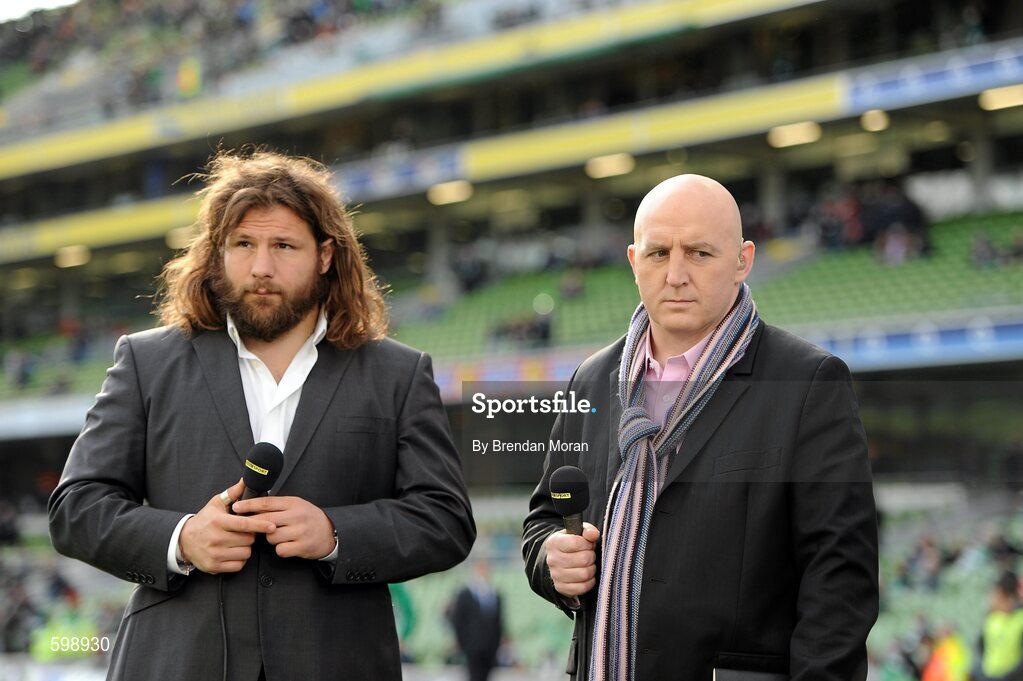 25 February 2012; Former Ireland captain Keith Wood with Italian prop forward Martin Castrogiovanni, left, on analysis duty for BBC television. RBS Six Nations Rugby Championship, Ireland v Italy, Aviva Stadium, Lansdowne Road, Dublin. Picture credit: Brendan Moran / SPORTSFILE