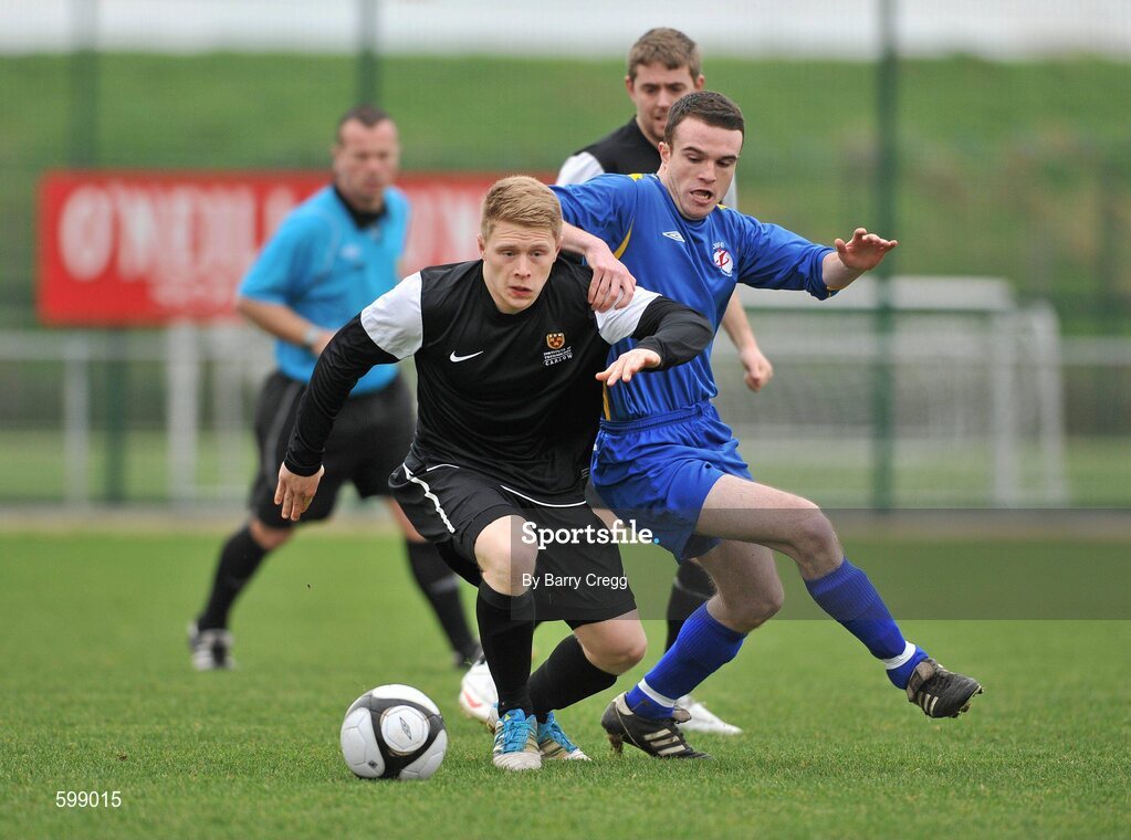 28 February 2012; Sam Doran, IT Carlow 'C', in action against Christopher McDonnell, Drogheda Institute of FE. Umbro CUFL Division Two Final, Drogheda Institute of FE v IT Carlow 'C', Greenogue, Peamount United FC, Peamount, Dublin. Picture credit: Barry Cregg / SPORTSFILE