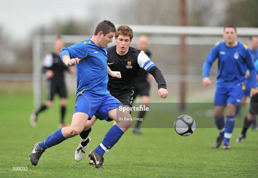 28 February 2012; Luke Haggins, Drogheda Institute of FE, in action against Robbe Farrell, IT Carlow 'C'. Umbro CUFL Division Two Final, Drogheda Institute of FE v IT Carlow 'C', Greenogue, Peamount United FC, Peamount, Dublin. Picture credit: Barry Cregg / SPORTSFILE