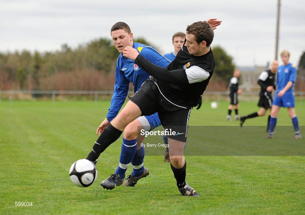 28 February 2012; Bobby Tier, IT Carlow 'C', in action against Garteh Toal, Drogheda Institute of FE. Umbro CUFL Division Two Final, Drogheda Institute of FE v IT Carlow 'C', Greenogue, Peamount United FC, Peamount, Dublin. Picture credit: Barry Cregg / SPORTSFILE