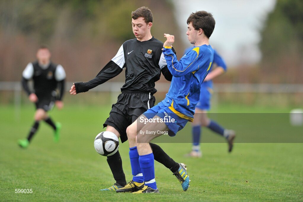 28 February 2012; DJ Flynn, IT Carlow 'C', in action against Stephen Kilcoyne, Drogheda Institute of FE. Umbro CUFL Division Two Final, Drogheda Institute of FE v IT Carlow 'C', Greenogue, Peamount United FC, Peamount, Dublin. Picture credit: Barry Cregg / SPORTSFILE