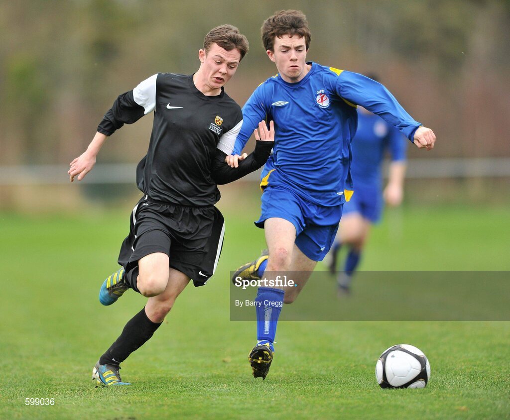 28 February 2012; DJ Flynn, IT Carlow 'C', in action against Stephen Kilcoyne, Drogheda Institute of FE. Umbro CUFL Division Two Final, Drogheda Institute of FE v IT Carlow 'C', Greenogue, Peamount United FC, Peamount, Dublin. Picture credit: Barry Cregg / SPORTSFILE