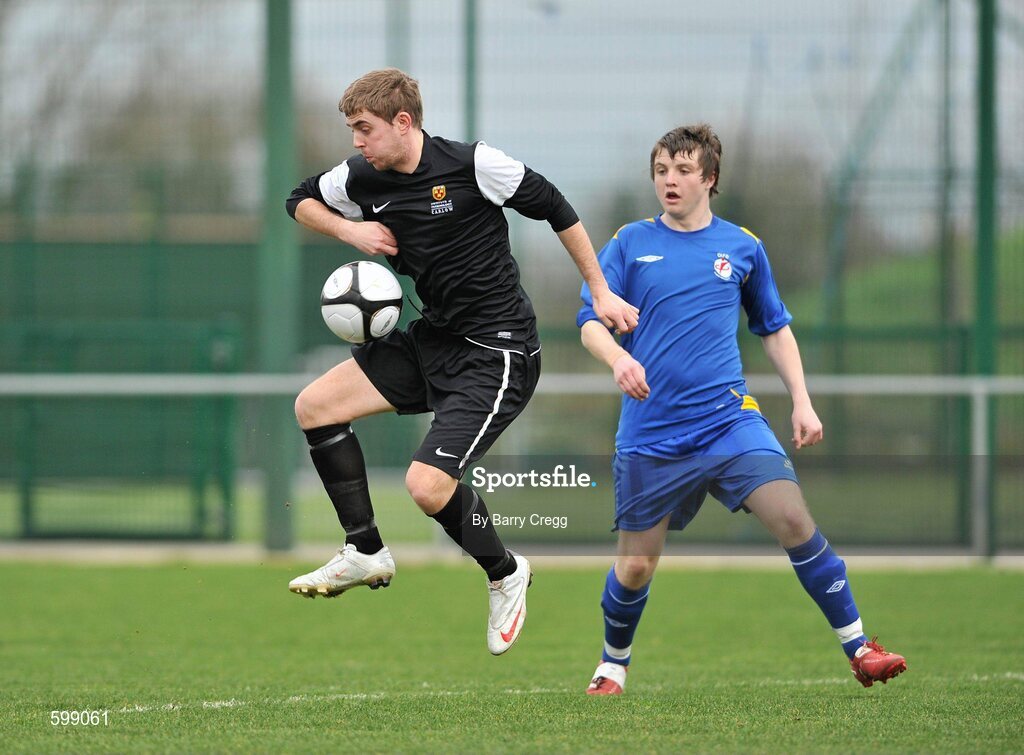 28 February 2012; Nick Foster, IT Carlow 'C', in action against Andy Hickey, Drogheda Institute of FE. Umbro CUFL Division Two Final, Drogheda Institute of FE v IT Carlow 'C', Greenogue, Peamount United FC, Peamount, Dublin. Picture credit: Barry Cregg / SPORTSFILE