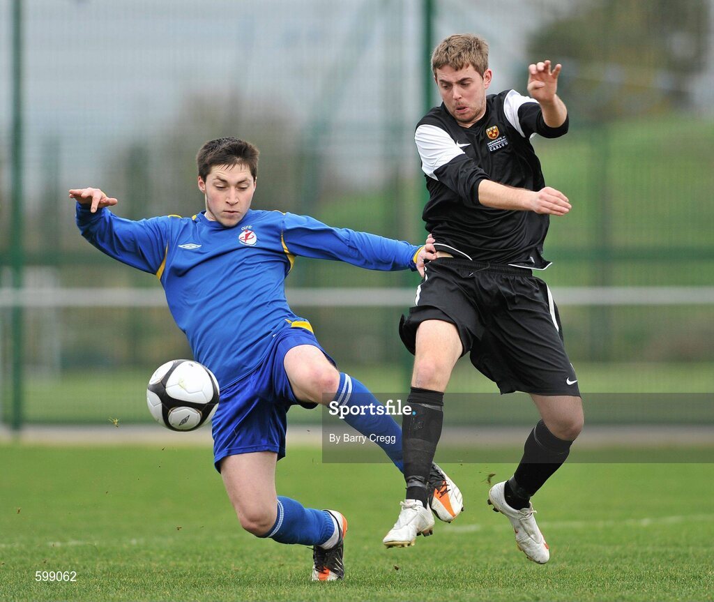 28 February 2012; James Boland, Drogheda Institute of FE, in action against Nick Foster, IT Carlow 'C'. Umbro CUFL Division Two Final, Drogheda Institute of FE v IT Carlow 'C', Greenogue, Peamount United FC, Peamount, Dublin. Picture credit: Barry Cregg / SPORTSFILE