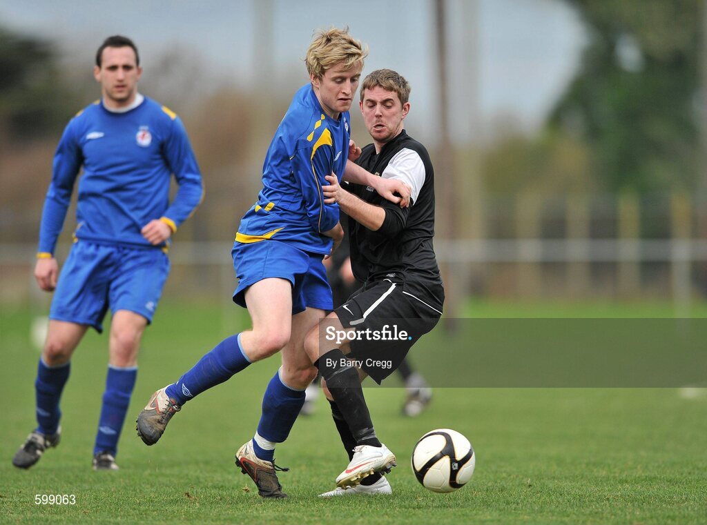 28 February 2012; Cormac Renaghan, Drogheda Institute of FE, in action against Nick Foster, IT Carlow 'C'. Umbro CUFL Division Two Final, Drogheda Institute of FE v IT Carlow 'C', Greenogue, Peamount United FC, Peamount, Dublin. Picture credit: Barry Cregg / SPORTSFILE