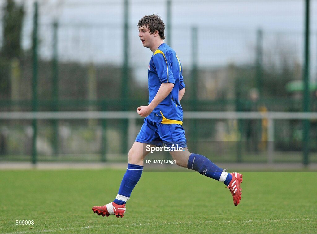 28 February 2012; Andy Hickey, Drogheda Institute of FE, celebrates after scoring his side's third goal. Umbro CUFL Division Two Final, Drogheda Institute of FE v IT Carlow 'C', Greenogue, Peamount United FC, Peamount, Dublin. Picture credit: Barry Cregg / SPORTSFILE