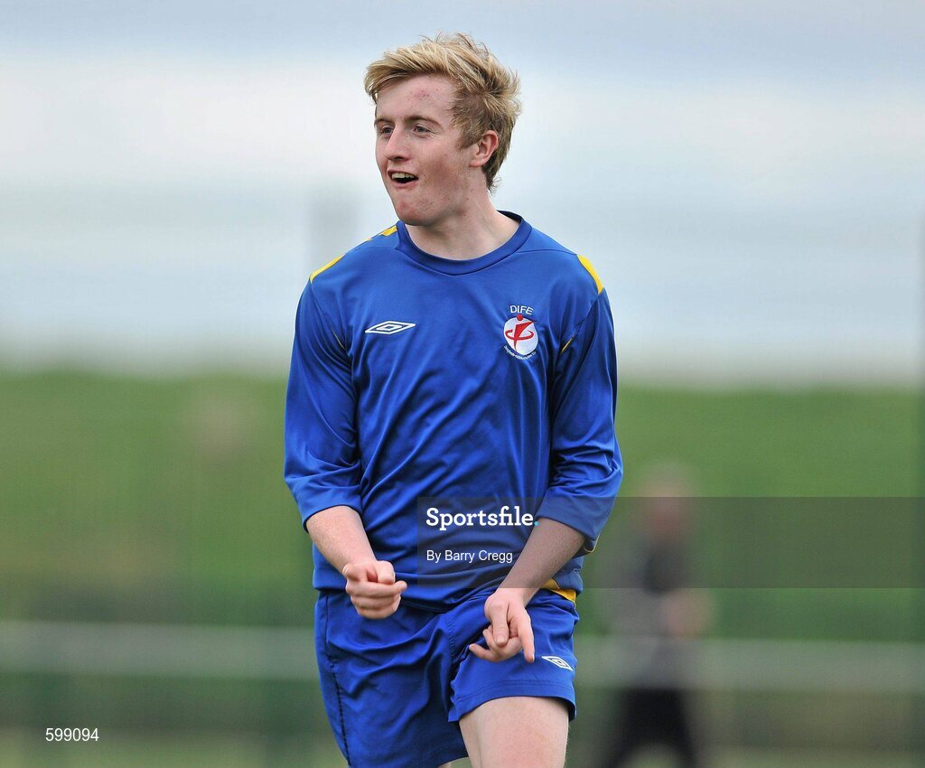 28 February 2012; Cormac Renaghan, Drogheda Institute of FE celebrates after scoring his side's fourth goal. Umbro CUFL Division Two Final, Drogheda Institute of FE v IT Carlow 'C', Greenogue, Peamount United FC, Peamount, Dublin. Picture credit: Barry Cregg / SPORTSFILE
