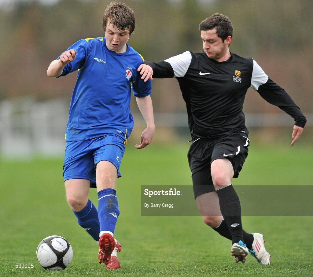 28 February 2012; Andy Hickey, Drogheda Institute of FE, in action against Nicky Cosgrave, IT Carlow 'C'. Umbro CUFL Division Two Final, Drogheda Institute of FE v IT Carlow 'C', Greenogue, Peamount United FC, Peamount, Dublin. Picture credit: Barry Cregg / SPORTSFILE