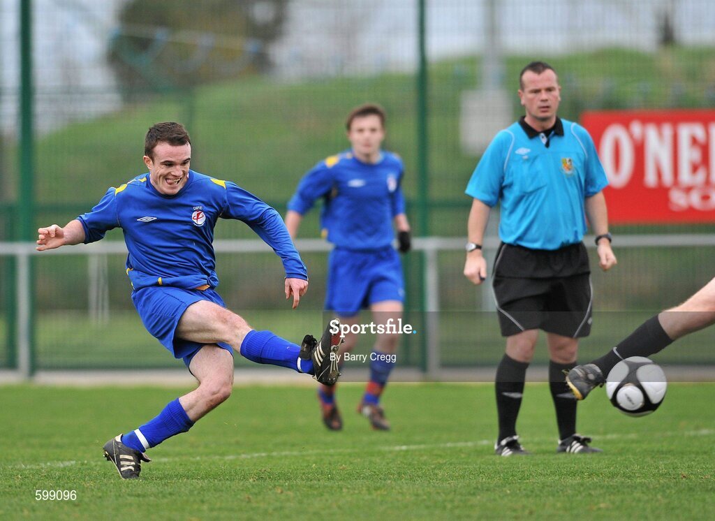 28 February 2012; Christopher McDonnell, Drogheda Institute of FE, shoots to score his side's fifth goal. Umbro CUFL Division Two Final, Drogheda Institute of FE v IT Carlow 'C', Greenogue, Peamount United FC, Peamount, Dublin. Picture credit: Barry Cregg / SPORTSFILE