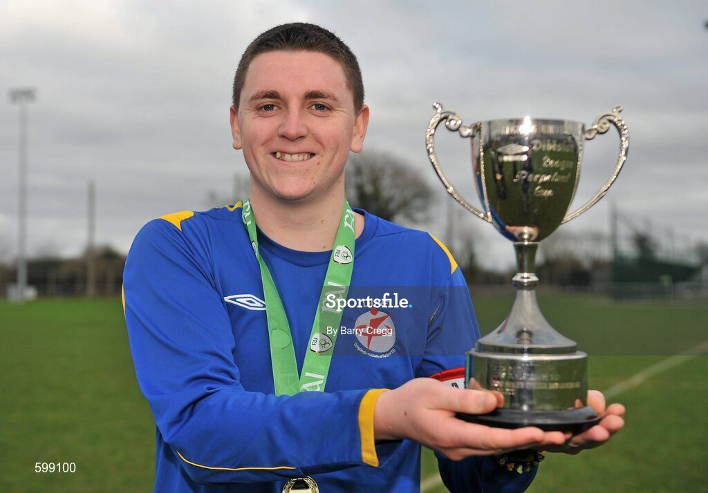 28 February 2012; Drogheda Institute of FE captain Garreth Toal with the Division 2 cup. Umbro CUFL Division Two Final, Drogheda Institute of FE v IT Carlow 'C', Greenogue, Peamount United FC, Peamount, Dublin. Picture credit: Barry Cregg / SPORTSFILE