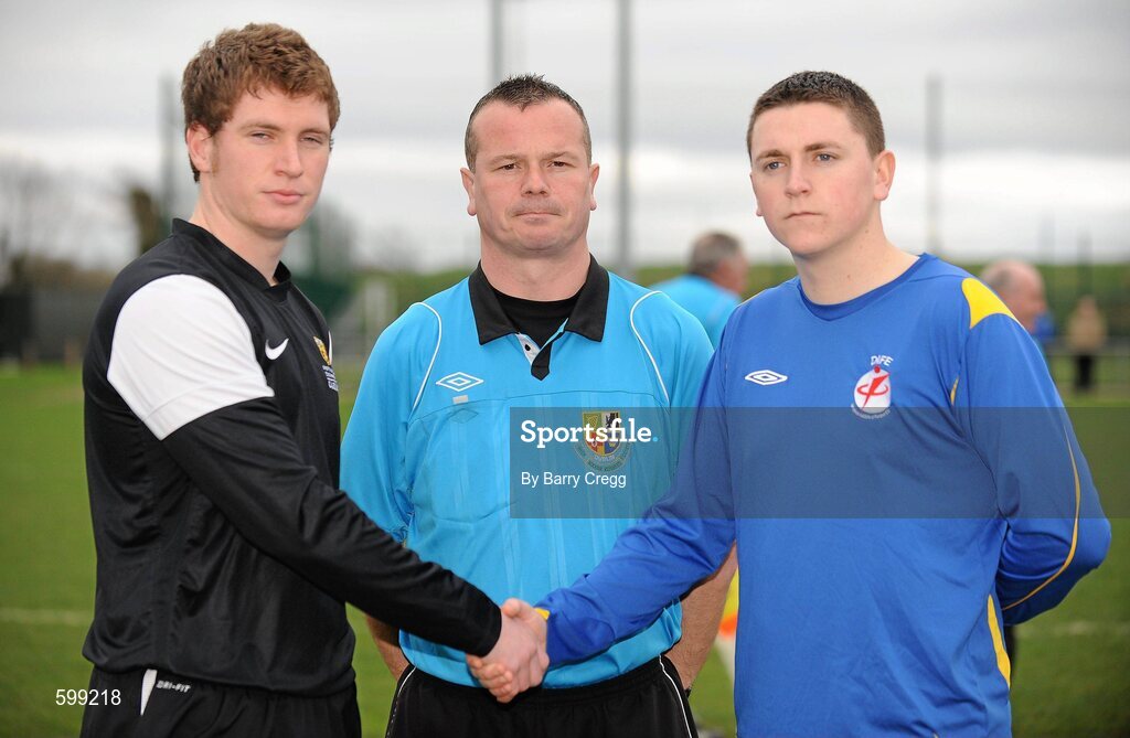 28 February 2012; Drogheda Institute of FE captain Robbie Farell, right, and IT Carlow 'C' captain Garreth Toal, shake hands in front of referee Eddie Reilly before the game. Umbro CUFL Division Two Final, Drogheda Institute of FE v IT Carlow 'C', Greenogue, Peamount United FC, Peamount, Dublin. Picture credit: Barry Cregg / SPORTSFILE