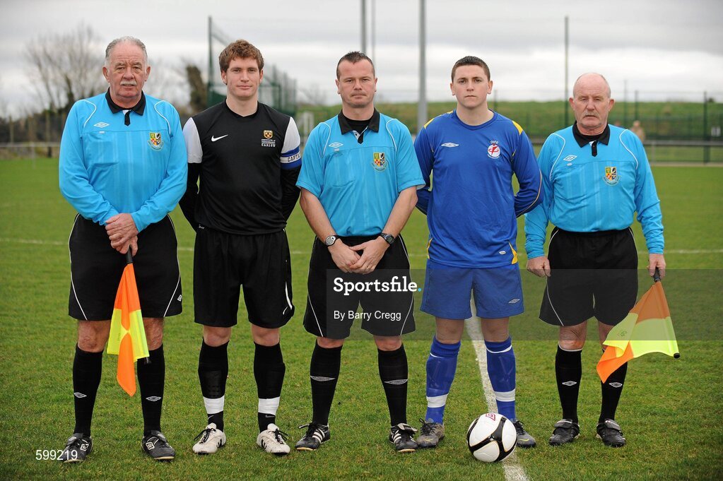 28 February 2012; IT Carlow 'C' captain Robbie Farrell, second left, and Drogheda Institute of FE captain Garreth Toal, second right, alongside referee Eddie Reilly, centre and linesmen Tommy Traynor, left, and Shay Travers, right. Umbro CUFL Division Two Final, Drogheda Institute of FE v IT Carlow 'C', Greenogue, Peamount United FC, Peamount, Dublin. Picture credit: Barry Cregg / SPORTSFILE