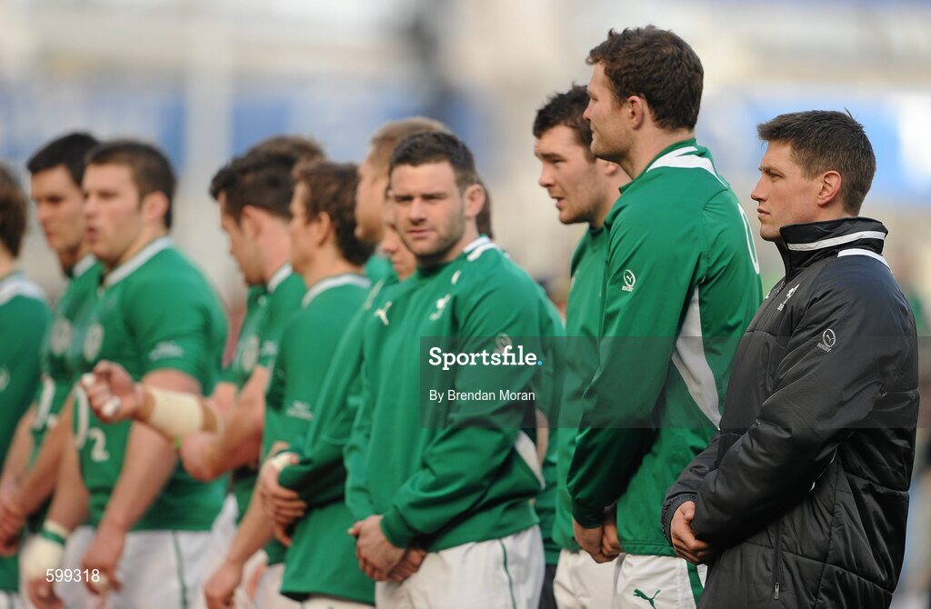 25 February 2012; Ireland's Ronan O'Gara stands alongside his team-mates in the line-up before the game. RBS Six Nations Rugby Championship, Ireland v Italy, Aviva Stadium, Lansdowne Road, Dublin. Picture credit: Brendan Moran / SPORTSFILE