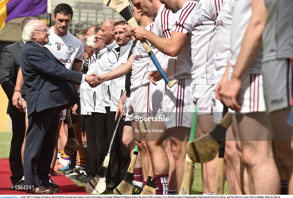 2 July 2017; Captain of Galway David Burke presents the Galway team to President of ireland Michael D Higgins before the start of the Leinster GAA Hurling Senior Championship Final match between Galway and Wexford at Croke Park in Dublin. Photo by David Maher/Sportsfile