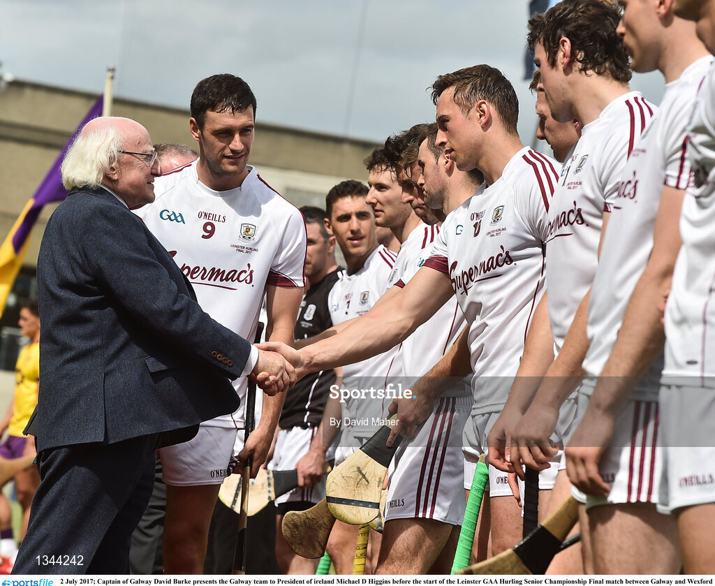2 July 2017; Captain of Galway David Burke presents the Galway team to President of ireland Michael D Higgins before the start of the Leinster GAA Hurling Senior Championship Final match between Galway and Wexford at Croke Park in Dublin. Photo by David Maher/Sportsfile