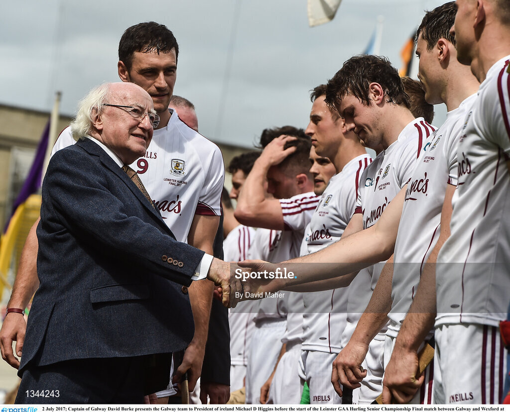 2 July 2017; Captain of Galway David Burke presents the Galway team to President of ireland Michael D Higgins before the start of the Leinster GAA Hurling Senior Championship Final match between Galway and Wexford at Croke Park in Dublin. Photo by David Maher/Sportsfile