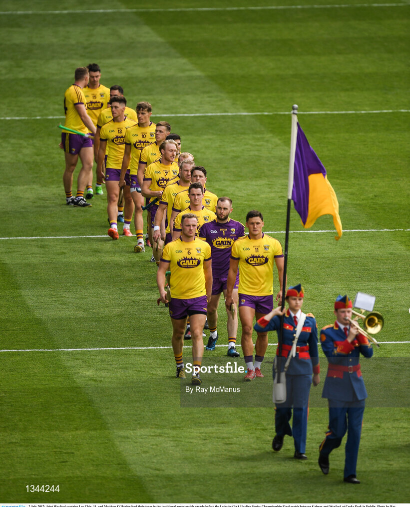 2 July 2017; Joint Wexford captains Lee Chin, 11, and Matthew O'Hanlon lead their team in the traditional preee match parade before the Leinster GAA Hurling Senior Championship Final match between Galway and Wexford at Croke Park in Dublin. Photo by Ray McManus/Sportsfile