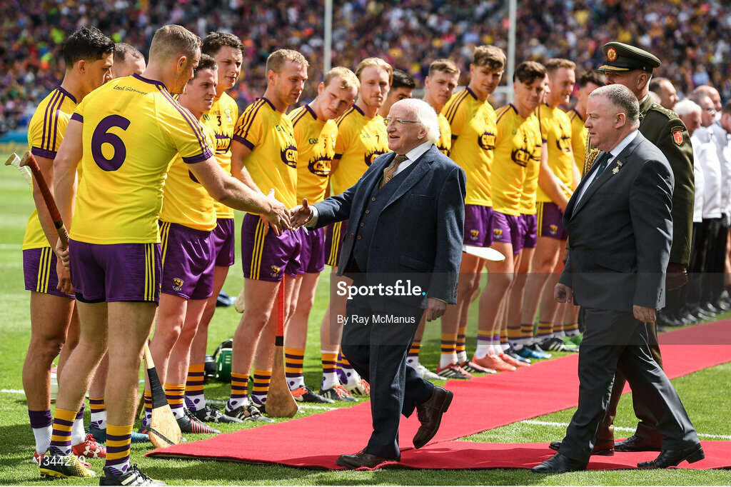 2 July 2017; The President of Ireland Michael D Higgins is introduced to the joint Wexford captains Matthew O'Hanlon, 6, and Lee Chin by the Leinster GAA Chairman Jim Bolger before the Leinster GAA Hurling Senior Championship Final match between Galway and Wexford at Croke Park in Dublin. Photo by Ray McManus/Sportsfile
