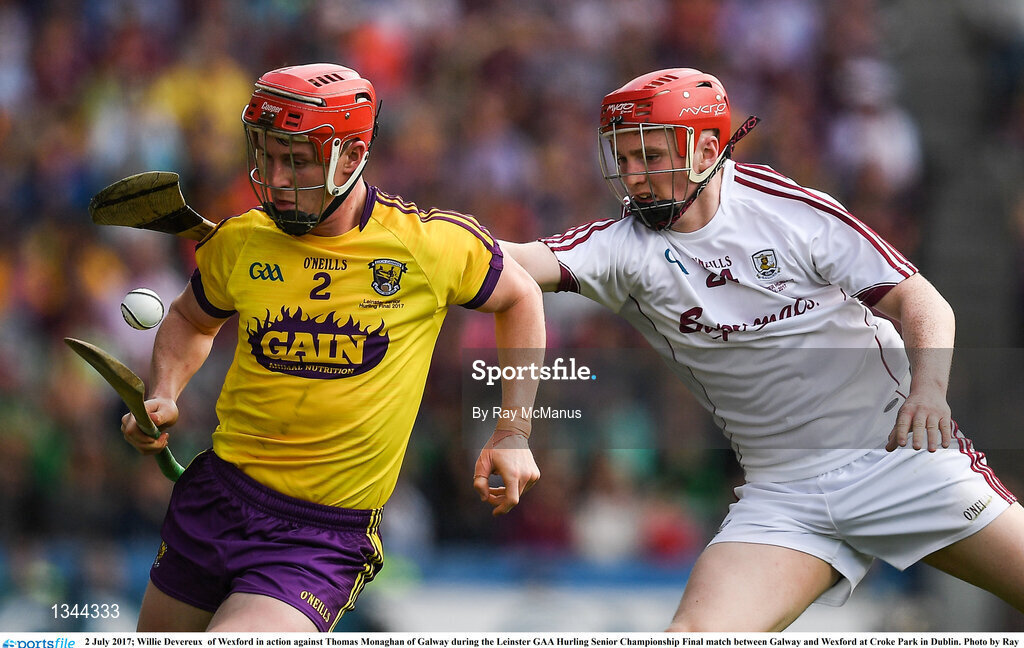 2 July 2017; Willie Devereux  of Wexford in action against Thomas Monaghan of Galway during the Leinster GAA Hurling Senior Championship Final match between Galway and Wexford at Croke Park in Dublin. Photo by Ray McManus/Sportsfile