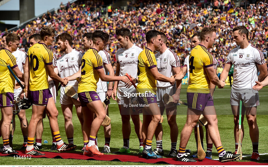 2 July 2017; Players from Wexford and Galway shake hands before the start of the Leinster GAA Hurling Senior Championship Final match between Galway and Wexford at Croke Park in Dublin. Photo by David Maher/Sportsfile