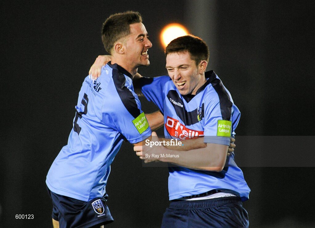 2 March 2012; Mark Langtry, left, celebrates scoring the first goal of the game with his UCD team-mate Chris Mulhall. Airtricity League Premier Division, UCD v Cork City, Belfield Bowl, UCD, Belfield, Dublin. Picture credit: Ray McManus / SPORTSFILE
