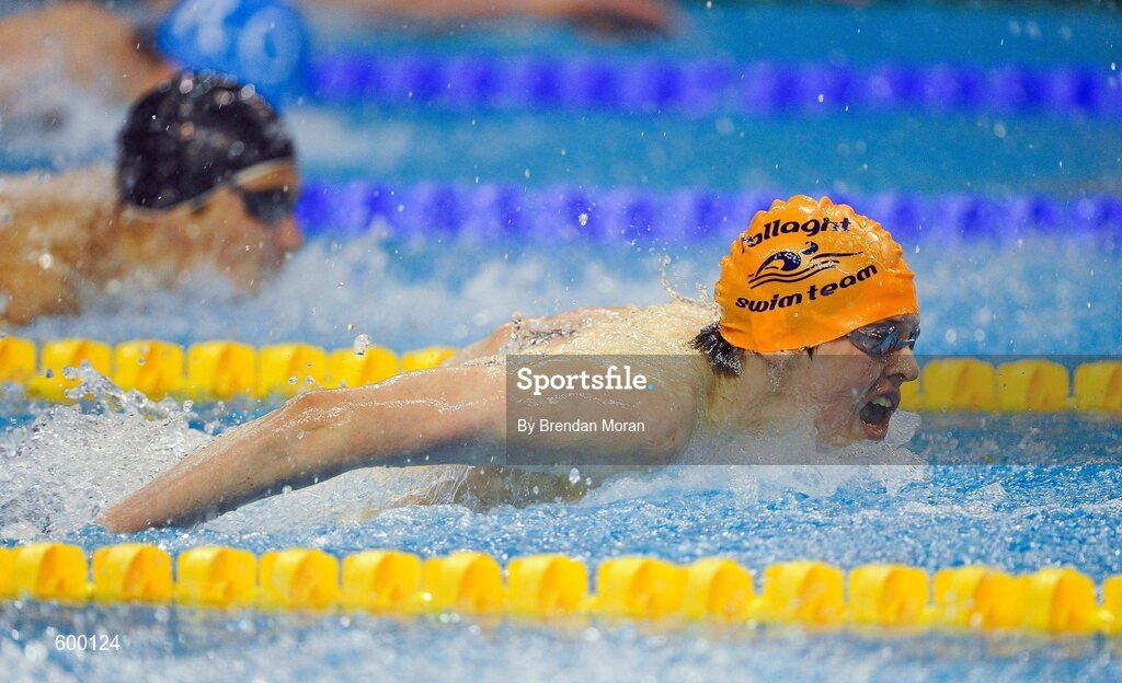 2 March 2012; Brendan Hyland, Tallaght SC, on his way to winning the first semi-final of the Men's 100m Butterfly, during the Irish Long Course National Swimming Championships/Olympic Trials. National Aquatic Centre, Abbotstown, Dublin. Picture credit: Brendan Moran / SPORTSFILE
