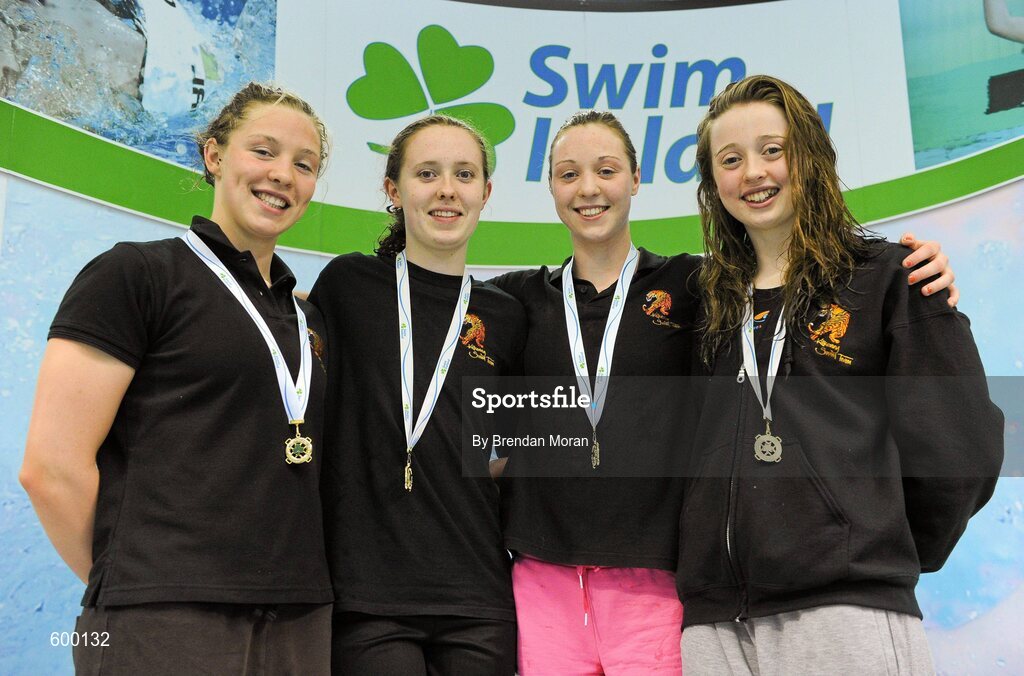 2 March 2012; Kilkenny swimmers, from left, Shani Stallard, Kate Walsh, Jess Stallard and Jane Roberts after winning the Women's 4 x 100m Medley in a new Irish Senior time of 4:24.91, during the Irish Long Course National Swimming Championships/Olympic Trials. National Aquatic Centre, Abbotstown, Dublin. Picture credit: Brendan Moran / SPORTSFILE
