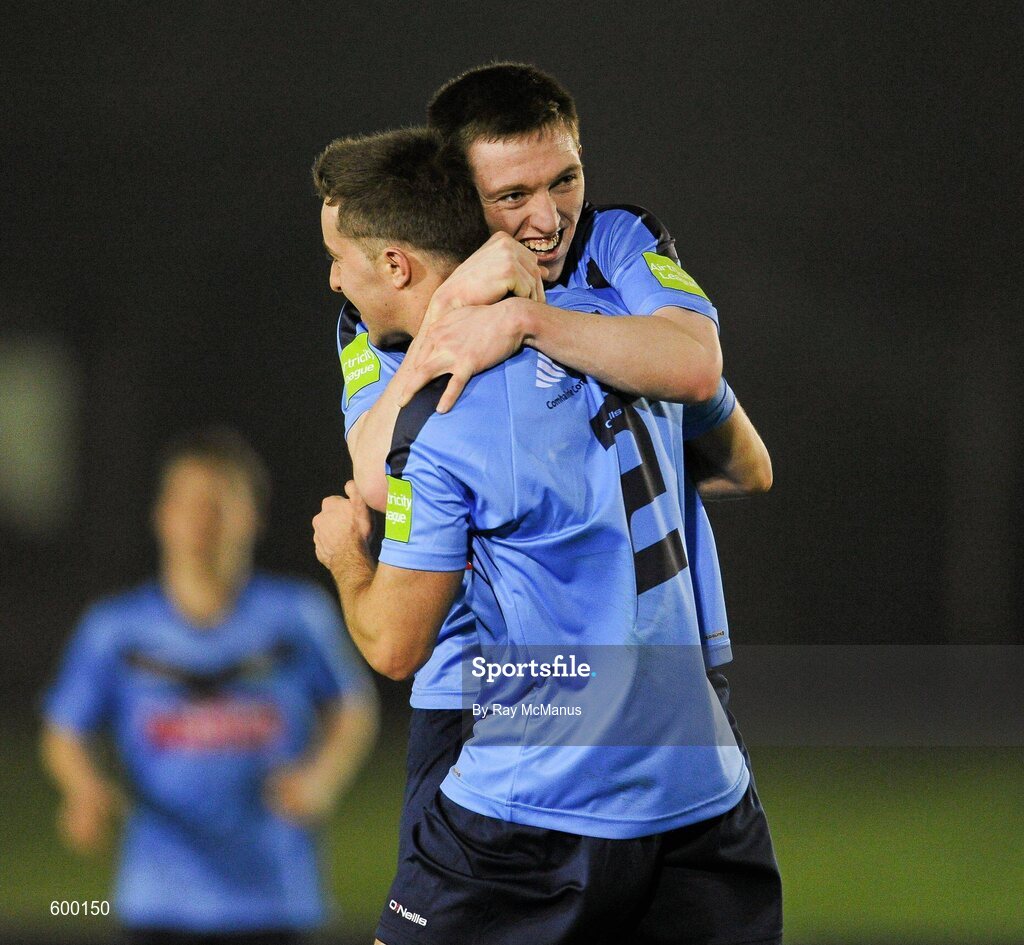 2 March 2012; Mark Langtry, 2, celebrates scoring the first goal of the game with his UCD team-mate Chris Mulhall. Airtricity League Premier Division, UCD v Cork City, Belfield Bowl, UCD, Belfield, Dublin. Picture credit: Ray McManus / SPORTSFILE