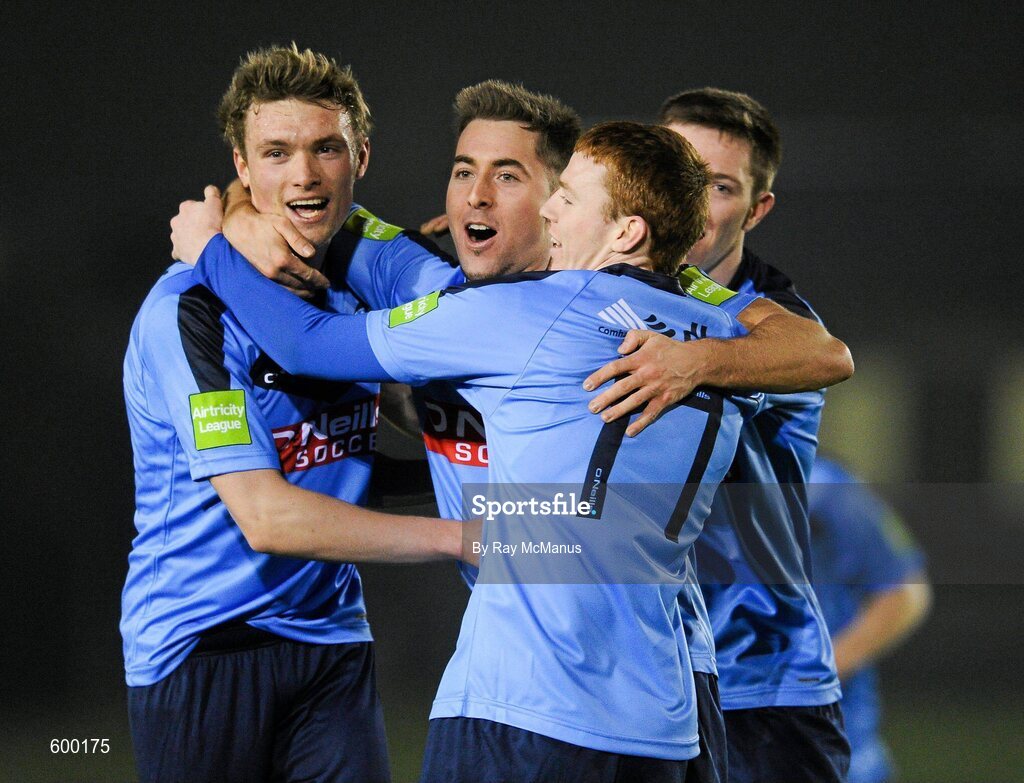 2 March 2012; UCD goalscorer Mark Langtry, second from left, celebrates with team captain Mick Leahy, left, and team-mates Danny Ledwith, 17, and James Kavanagh after scoring the only goal of the game. Airtricity League Premier Division, UCD v Cork City, Belfield Bowl, UCD, Belfield, Dublin. Picture credit: Ray McManus / SPORTSFILE
