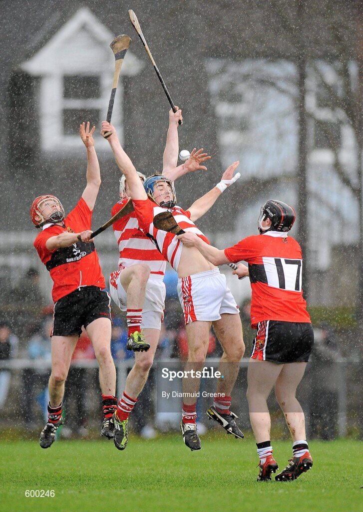 3 March 2012; Patrick O'Connor and Michael O'Sullivan, left, CIT, in action against Shane Bourke, left, and Philip Mahony, UCC. Irish Daily Mail Fitzgibbon Cup Final, University College Cork v Cork Institute of Technology, Mardyke Arena, Cork. Picture credit: Diarmuid Greene / SPORTSFILE