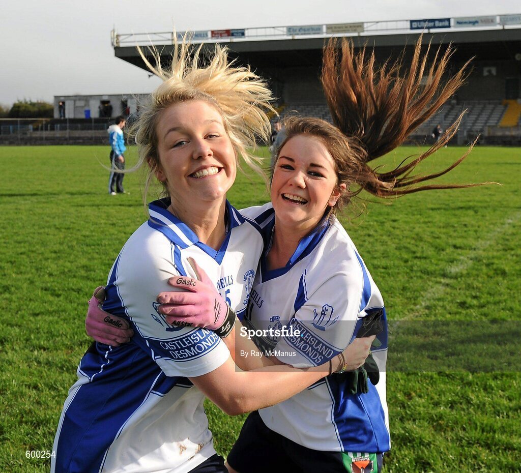 3 March 2012; Colaiste Ide agus Iosef players Tara Zgaga, left, and Marian Stack celebrate victory. Tesco All-Ireland Post Primary Schools Senior A Semi-Final, St Leo’s, Carlow v Colaiste Ide agus Iosef, Limerick, McDonagh Park, Nenagh, Co. Tipperary. Picture credit: Ray McManus / SPORTSFILE