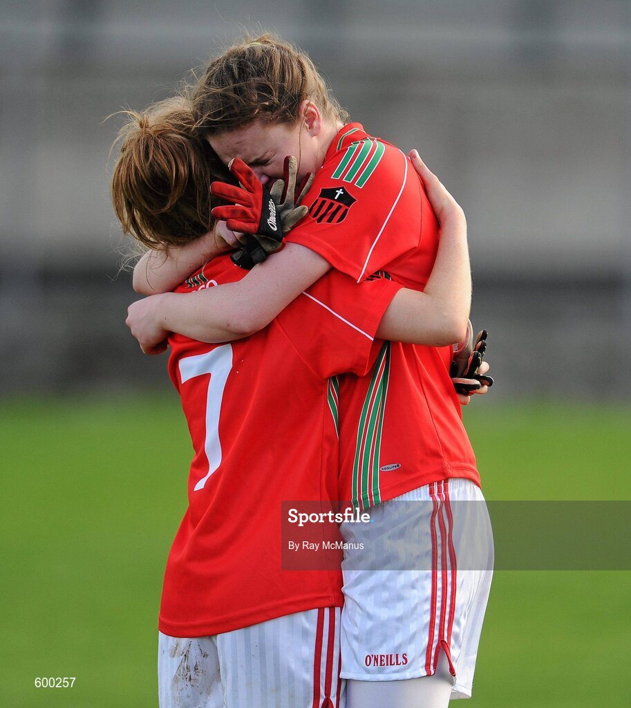 3 March 2012; St Leo’s players Tara Kelly, left, and Amanda Kinsella comforth each other after the game. Tesco All-Ireland Post Primary Schools Senior A Semi-Final, St Leo’s, Carlow v Colaiste Ide agus Iosef, Limerick, McDonagh Park, Nenagh, Co. Tipperary. Picture credit: Ray McManus / SPORTSFILE