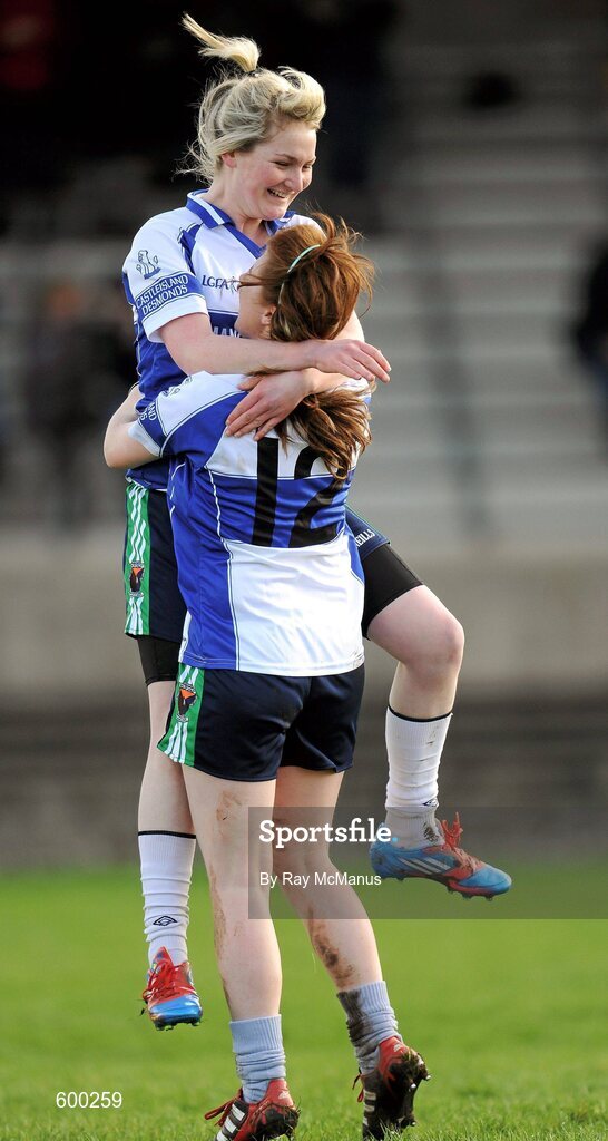 3 March 2012; Colaiste Ide agus Iosef players Shannon Sheehan, 12, and Lisa O'Connell celebrate victory. Tesco All-Ireland Post Primary Schools Senior A Semi-Final, St Leo’s, Carlow v Colaiste Ide agus Iosef, Limerick, McDonagh Park, Nenagh, Co. Tipperary. Picture credit: Ray McManus / SPORTSFILE