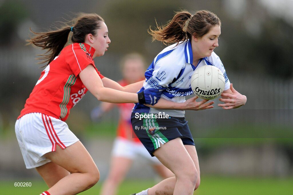 3 March 2012; Sorcha McNulty, Colaiste Ide agus Iosef, in action against Sara Rennick, St Leo’s. Tesco All-Ireland Post Primary Schools Senior A Semi-Final, St Leo’s, Carlow v Colaiste Ide agus Iosef, Limerick, McDonagh Park, Nenagh, Co. Tipperary. Picture credit: Ray McManus / SPORTSFILE
