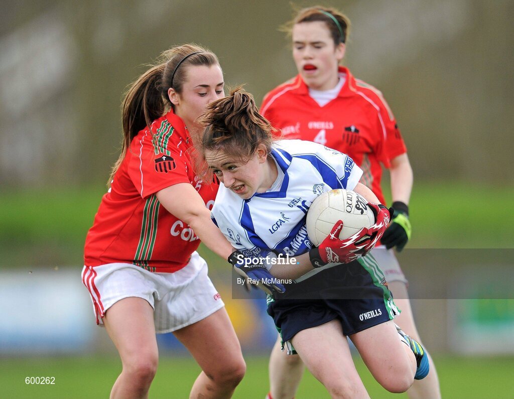 3 March 2012; Megan Caroll, Colaiste Ide agus Iosef, in action against Danni Callanan, St Leo’s. Tesco All-Ireland Post Primary Schools Senior A Semi-Final, St Leo’s, Carlow v Colaiste Ide agus Iosef, Limerick, McDonagh Park, Nenagh, Co. Tipperary. Picture credit: Ray McManus / SPORTSFILE